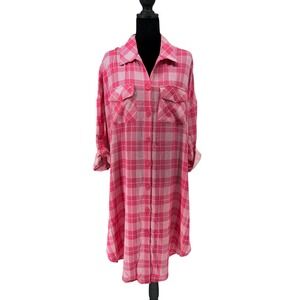 Torrid Shirt Dress Women 1 Pink Good Plaid Button Down Roll Tab Pockets 3213